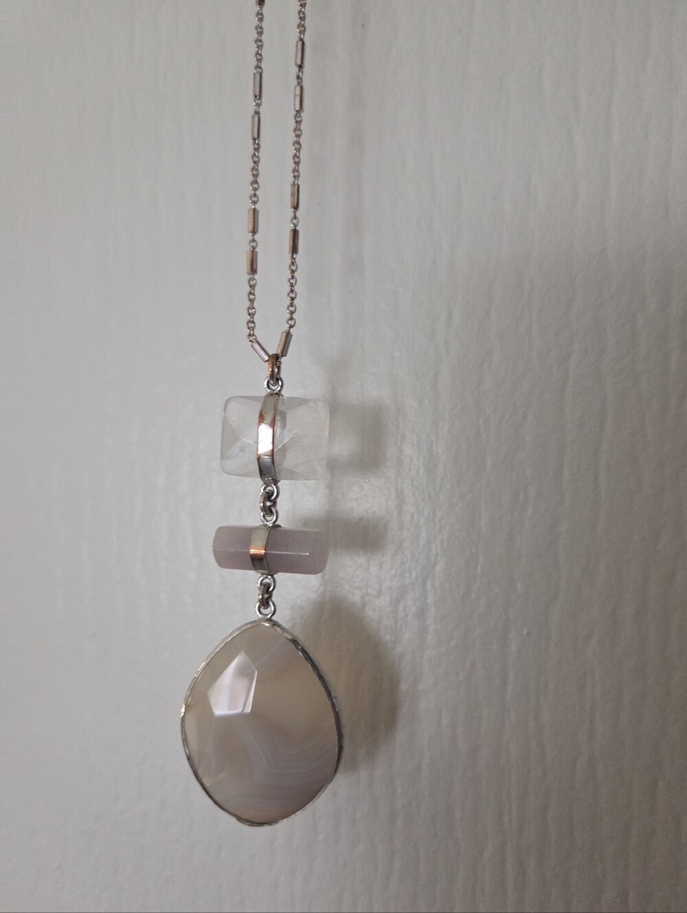 Ann Taylor Loft Silver Pendant Necklace with Pale Pink and Clear Gemstones